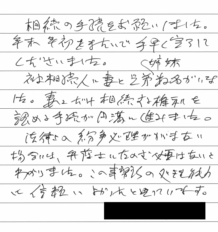 不動産の相続登記のお客様の声　【平成３１年１月１０日】